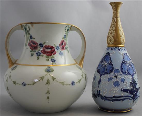 William Moorcroft for James Macintyre. An 18th century pattern two handled vase, two similar ewers and a gesso faience vase, 25cm, neck